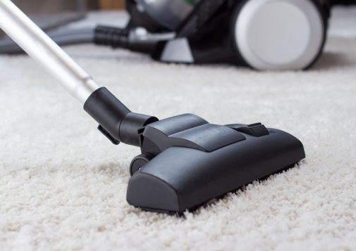 Close up of the head of a modern vacuum cleaner being used while vacuuming a thick pile white carpet